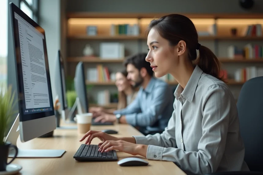 Femme utilisant des raccourcis clavier pour lancer une prévisualisation avant impression sur un ordinateur de bureau en open space