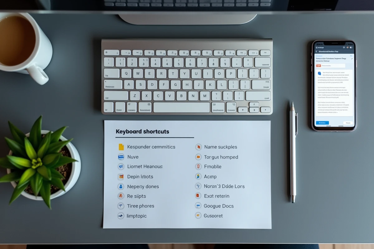 Vue aérienne d'un clavier et d'une fiche de raccourcis claviers pour insérer des flèches dans Google Docs