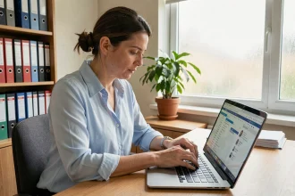 Femme enseignante cherchant un ancien message important dans sa boîte mail académique sur un ordinateur portable