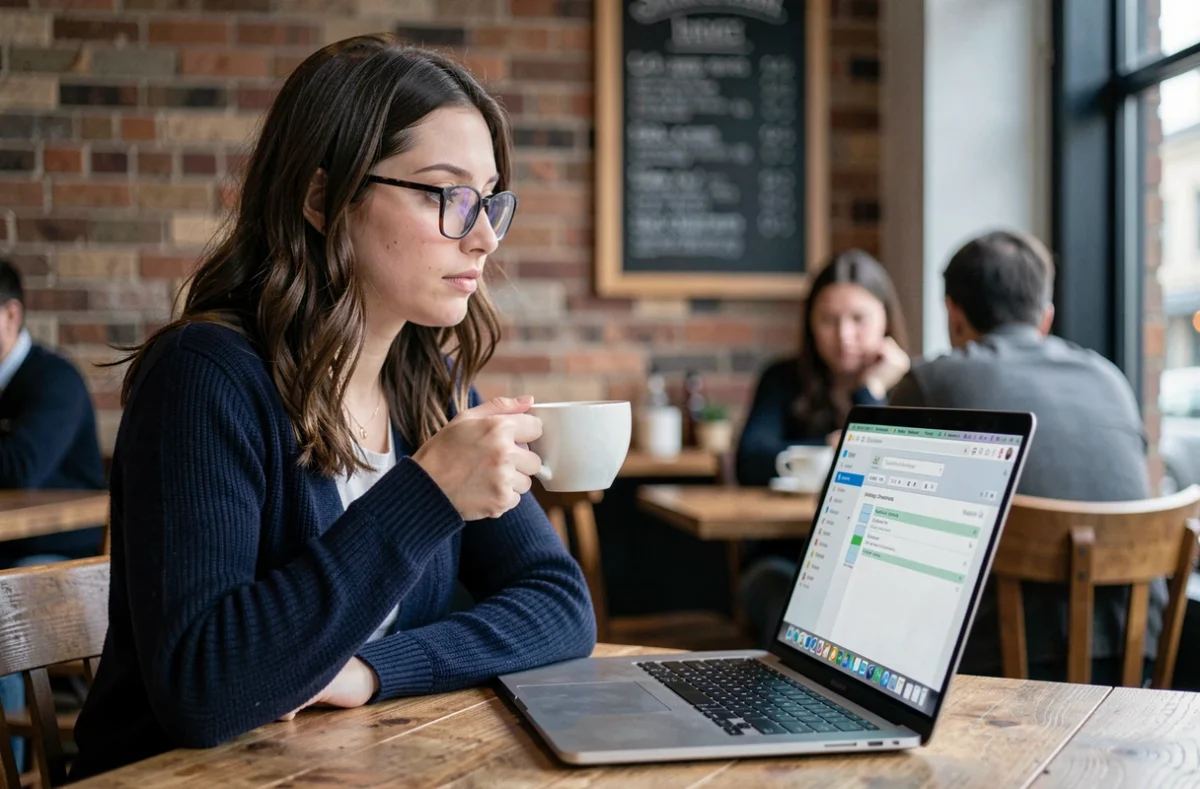 Jeune femme recherchant un ancien email sur sa messagerie ac-versailles.fr depuis un café avec son ordinateur portable