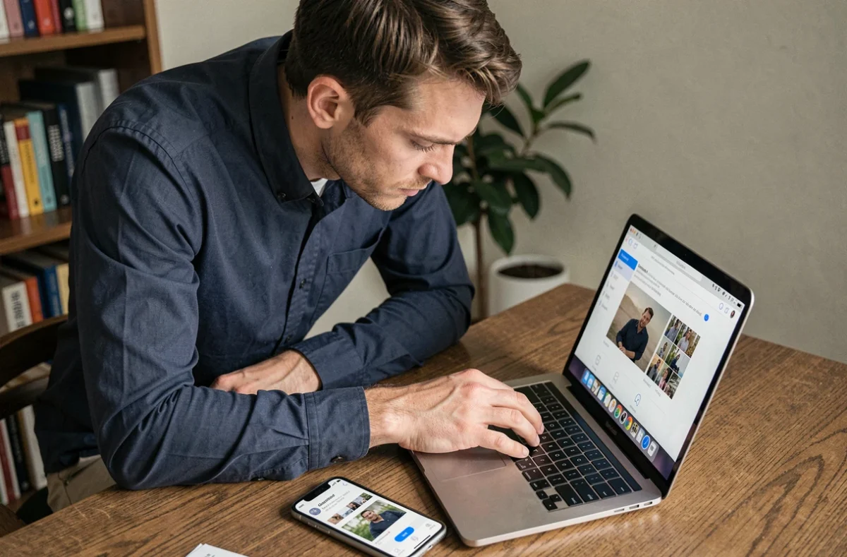 Homme utilisant un MacBook et un iPhone pour tenter de récupérer des photos définitivement supprimées après un changement de téléphone