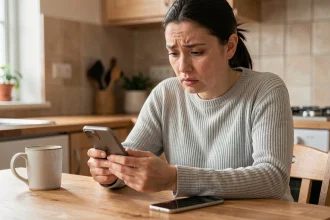 Femme inquiète tenant un ancien iPhone à côté d'un nouvel iPhone sur une table en bois, illustrant la récupération de photos supprimées après changement d'appareil
