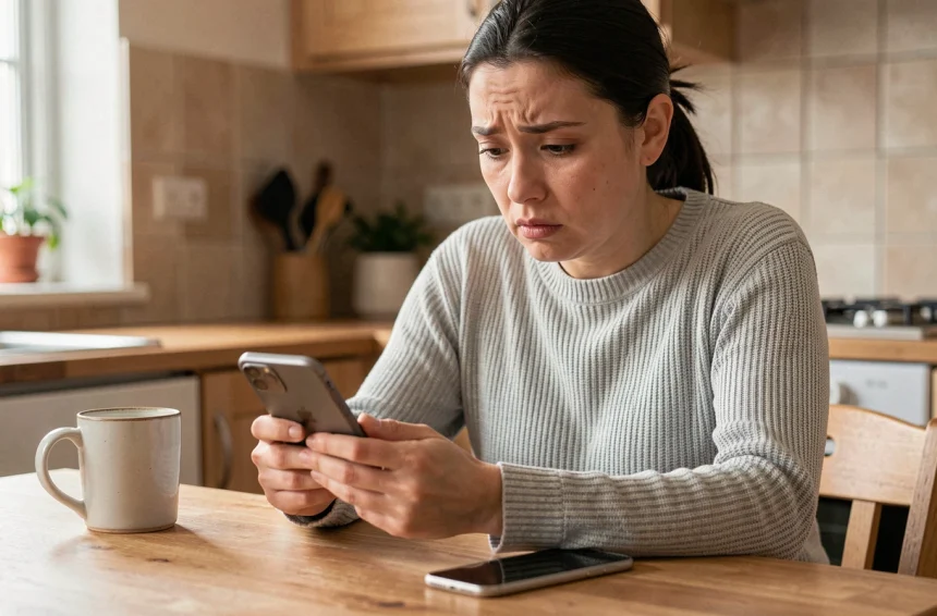 Femme inquiète tenant un ancien iPhone à côté d'un nouvel iPhone sur une table en bois, illustrant la récupération de photos supprimées après changement d'appareil