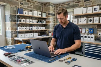 Technicien réparant un MacBook dans un atelier moderne en Bretagne, ambiance professionnelle et outils spécialisés visibles