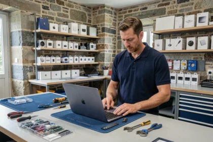 Technicien réparant un MacBook dans un atelier moderne en Bretagne, ambiance professionnelle et outils spécialisés visibles