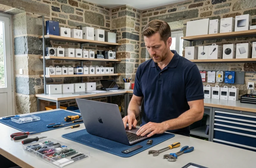 Technicien réparant un MacBook dans un atelier moderne en Bretagne, ambiance professionnelle et outils spécialisés visibles