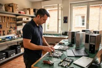 Atelier de réparation informatique en Haute-Garonne avec des techniciens travaillant sur des ordinateurs