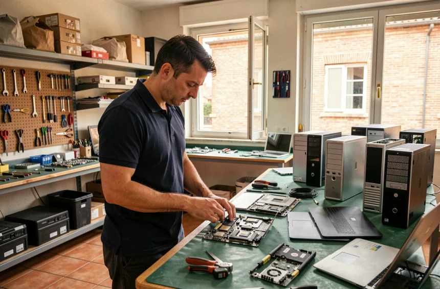 Atelier de réparation informatique en Haute-Garonne avec des techniciens travaillant sur des ordinateurs