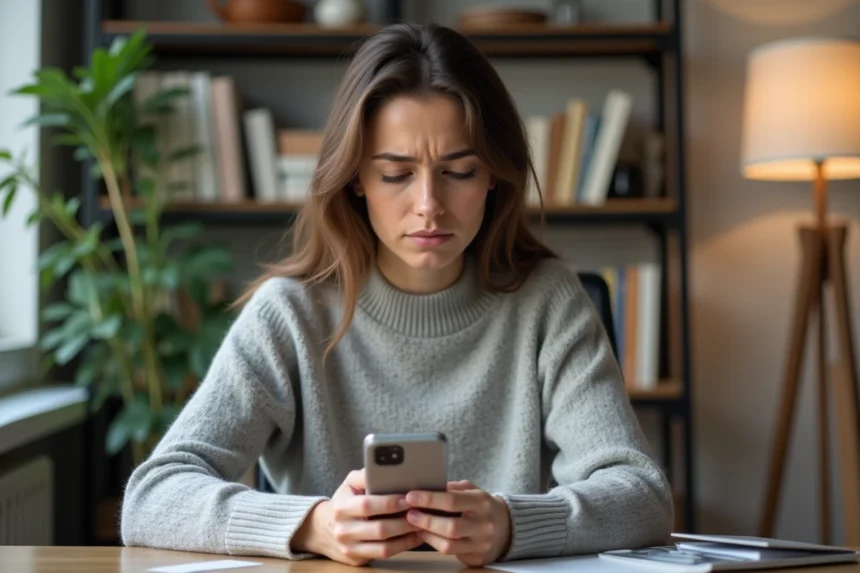 Femme frustrée regardant un SMS effacé sur son smartphone dans un bureau à domicile