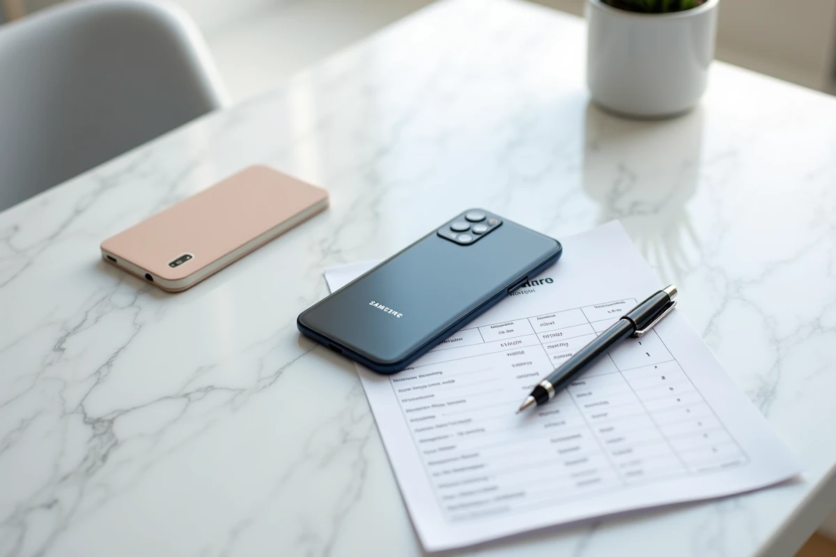 Samsung Galaxy A51 posé sur un plan en marbre avec une fiche de comparaison, illustrant la réflexion avant achat d'un smartphone reconditionné en 2026