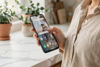 Samsung Galaxy A55 tenu dans la main d'une femme en cuisine, affichant l'interface Android