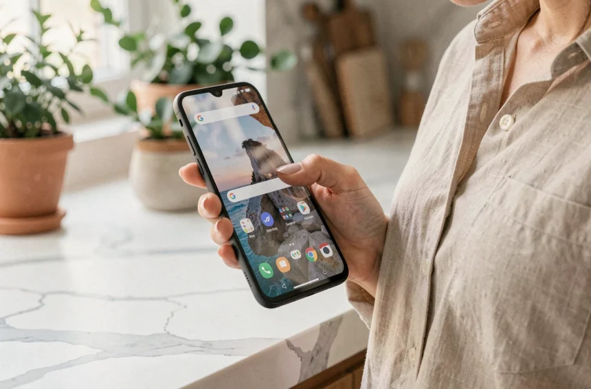 Samsung Galaxy A55 tenu dans la main d'une femme en cuisine, affichant l'interface Android
