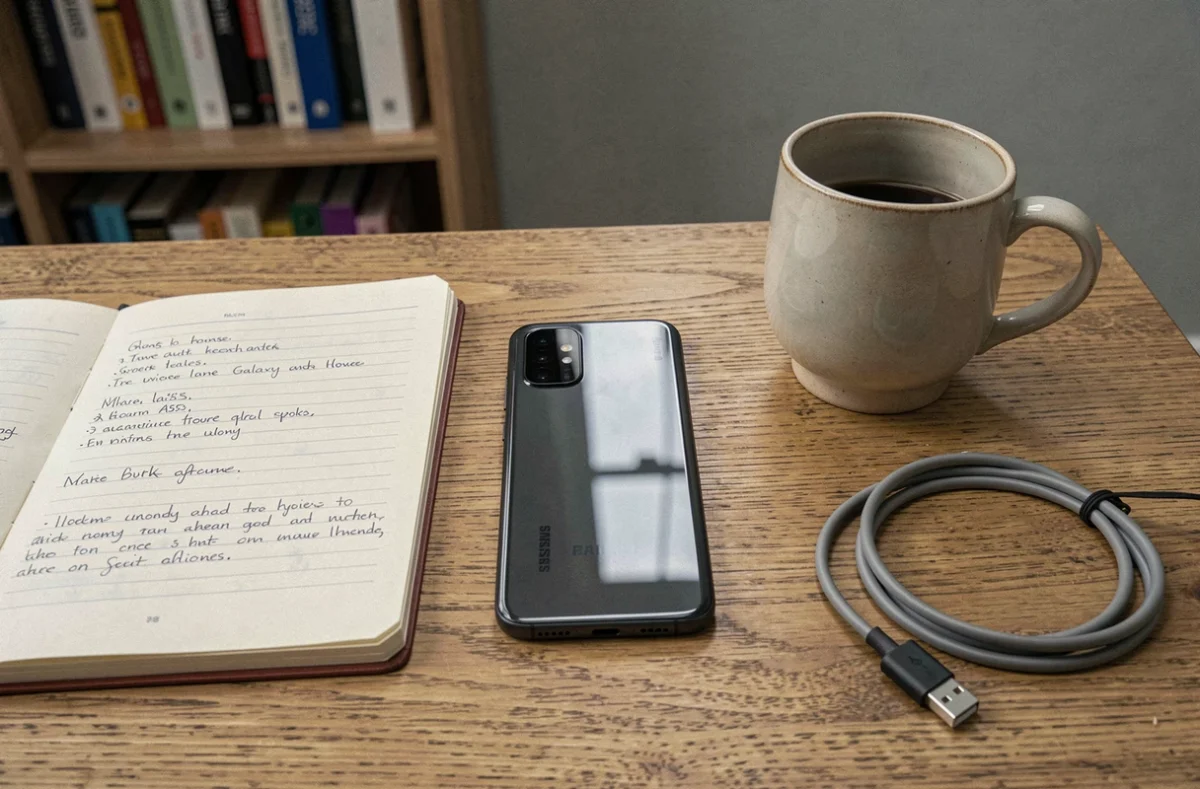 Samsung Galaxy A55 posé sur un bureau en bois avec cahier et tasse de café dans un bureau à domicile