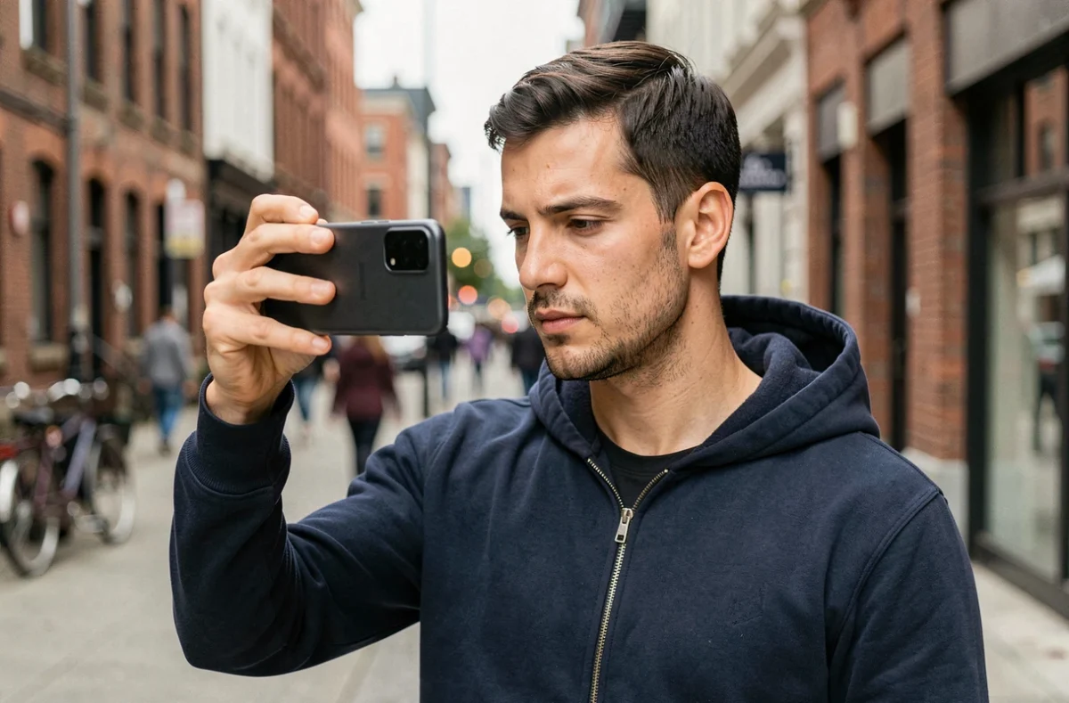 Homme utilisant le Samsung Galaxy A55 pour prendre une photo dans une rue urbaine