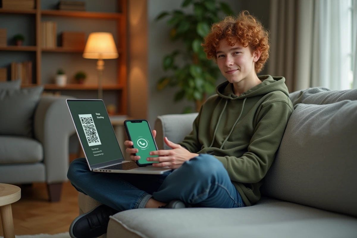 Jeune personne scannant le QR code WhatsApp Web avec son smartphone pour connecter l'application sur ordinateur