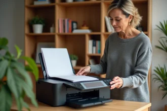 Femme plaçant un document sur le scanner d'une imprimante multifonction dans un bureau à domicile