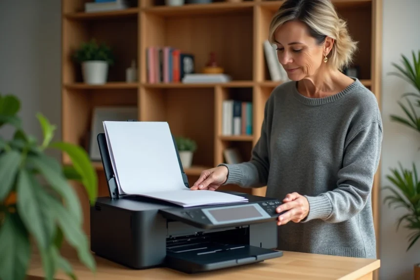 Femme plaçant un document sur le scanner d'une imprimante multifonction dans un bureau à domicile