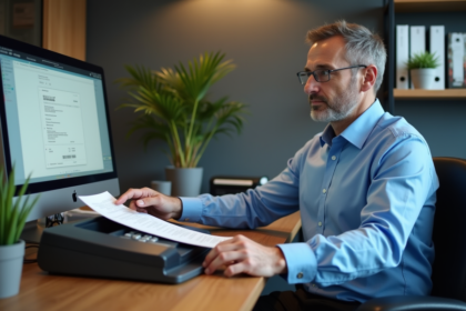 Homme d'âge moyen scannant des reçus dans un bureau moderne
