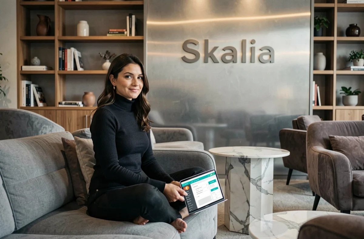 Stratège e-commerce de Skalia travaillant sur un projet Shopify dans un espace co-working haut de gamme