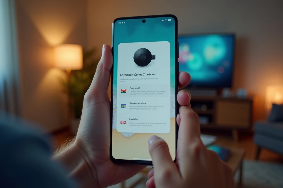 Mains tenant un smartphone affichant l'application Google Home pour configurer un Chromecast avec les applications compatibles