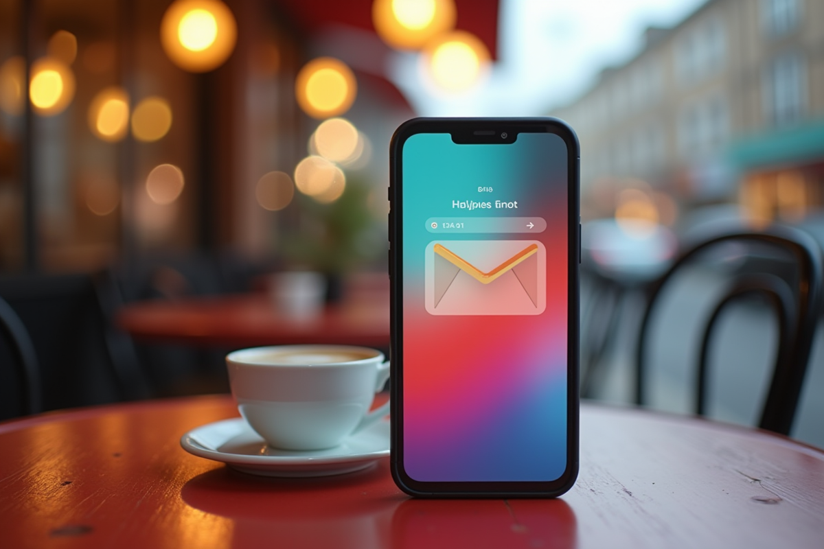 Smartphone avec notification email dans un café en matinée