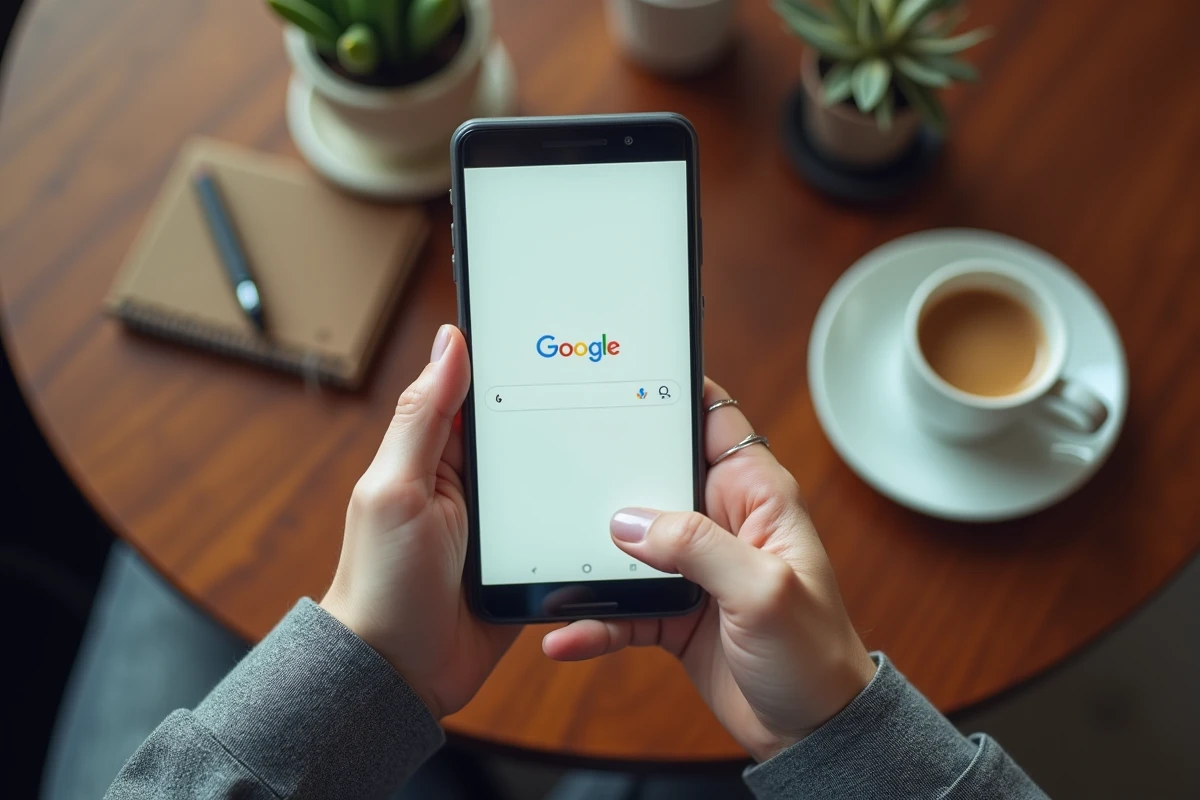 Gros plan sur un smartphone affichant une recherche Google en version américaine posé sur une table de café avec un carnet de notes SEO