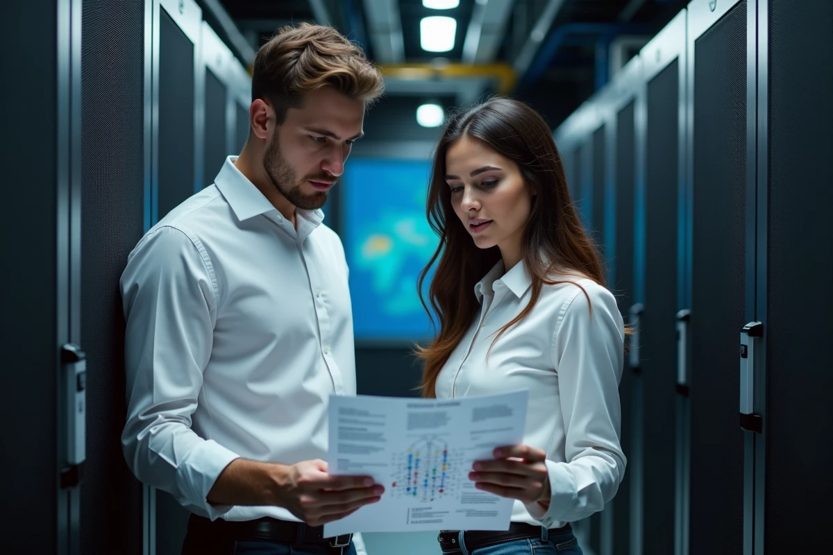 Deux spécialistes informatiques discutant autour d un diagramme réseau