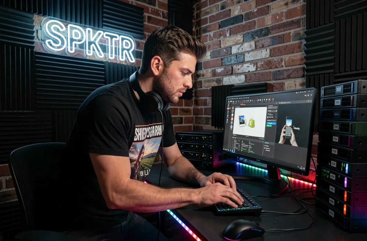 Motion designer de SPKTR travaillant sur une séquence vidéo Shopify dans un studio créatif sombre avec enseigne néon