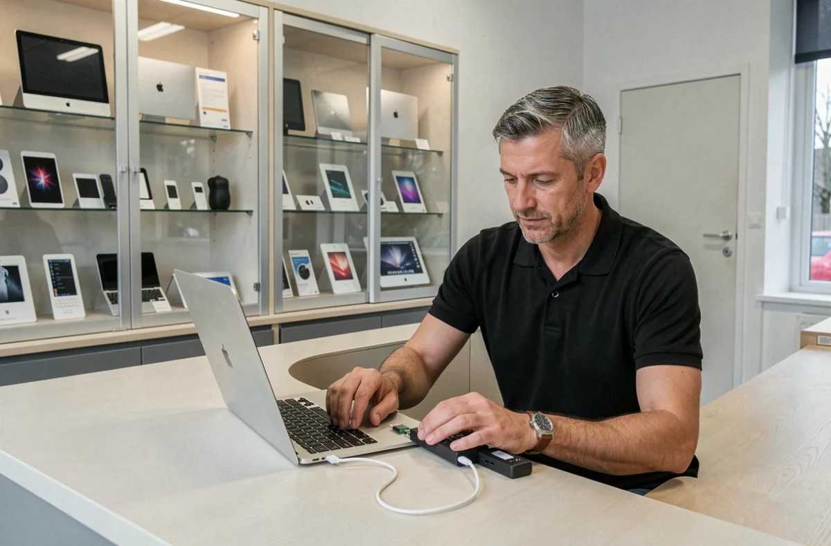 Technicien connectant un SSD externe à un MacBook pour une récupération de données dans la boutique Stlenn à Plérin