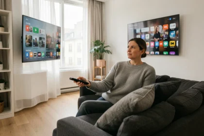 Femme regardant une interface de streaming sur une télévision connectée sans décodeur dans un salon moderne