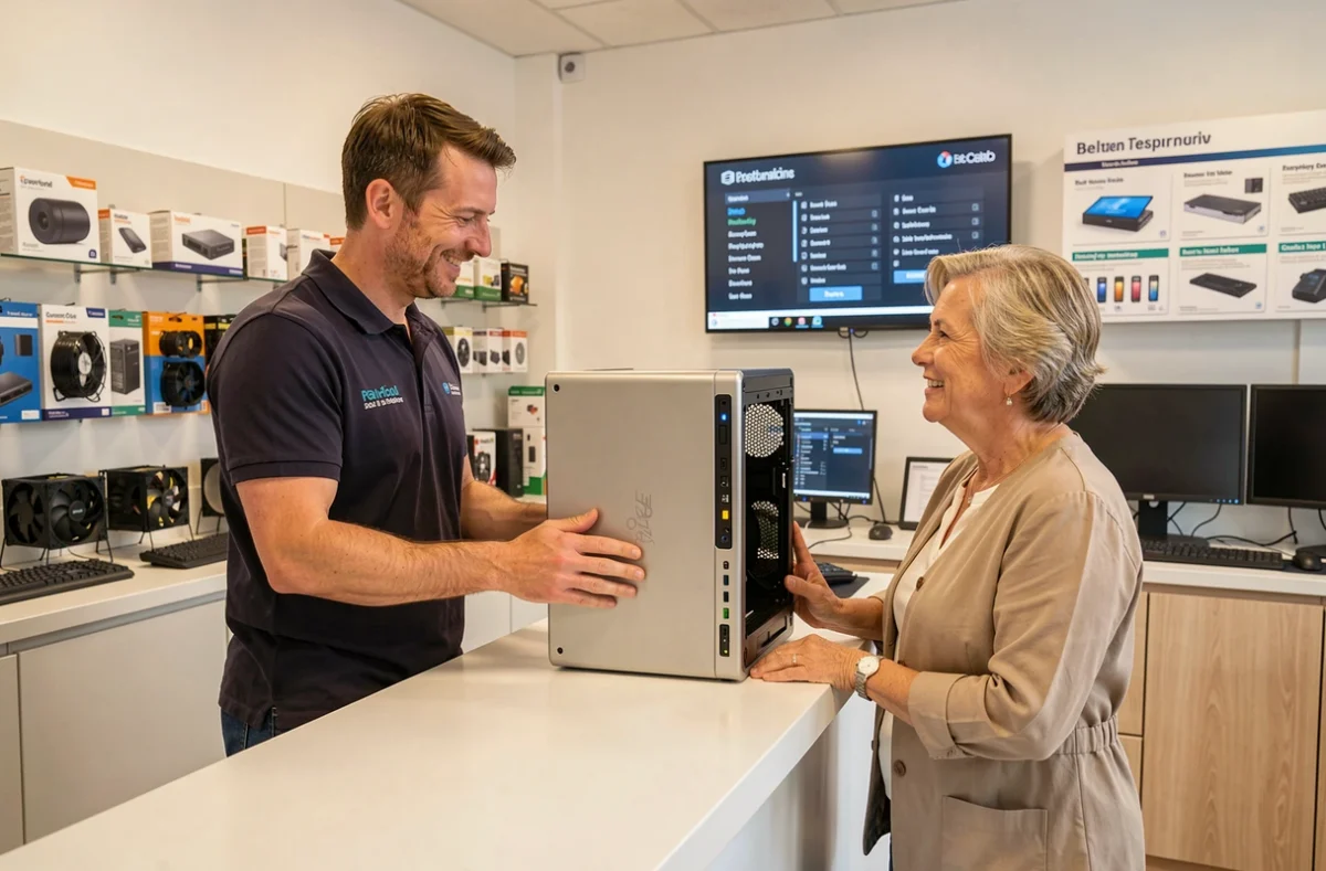 Technicien de Taktik Informatique remettant un ordinateur réparé à un client dans leur boutique