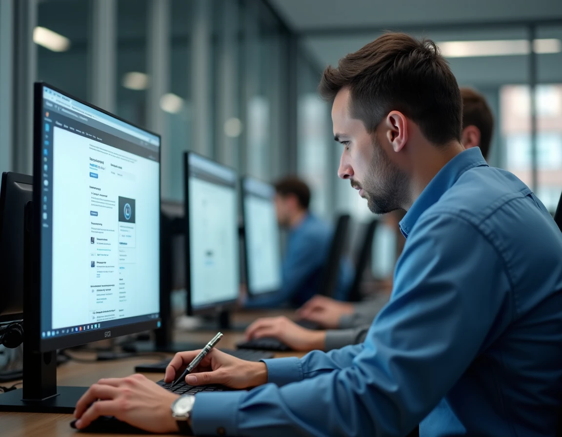 Technicien informatique diagnostiquant un problème d'accès à un site web sur un ordinateur de bureau en open space