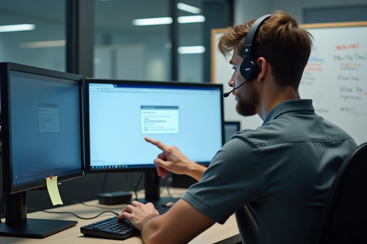 Technicien informatique universitaire analysant une erreur de connexion sur le webmail depuis un poste de travail multi-écrans