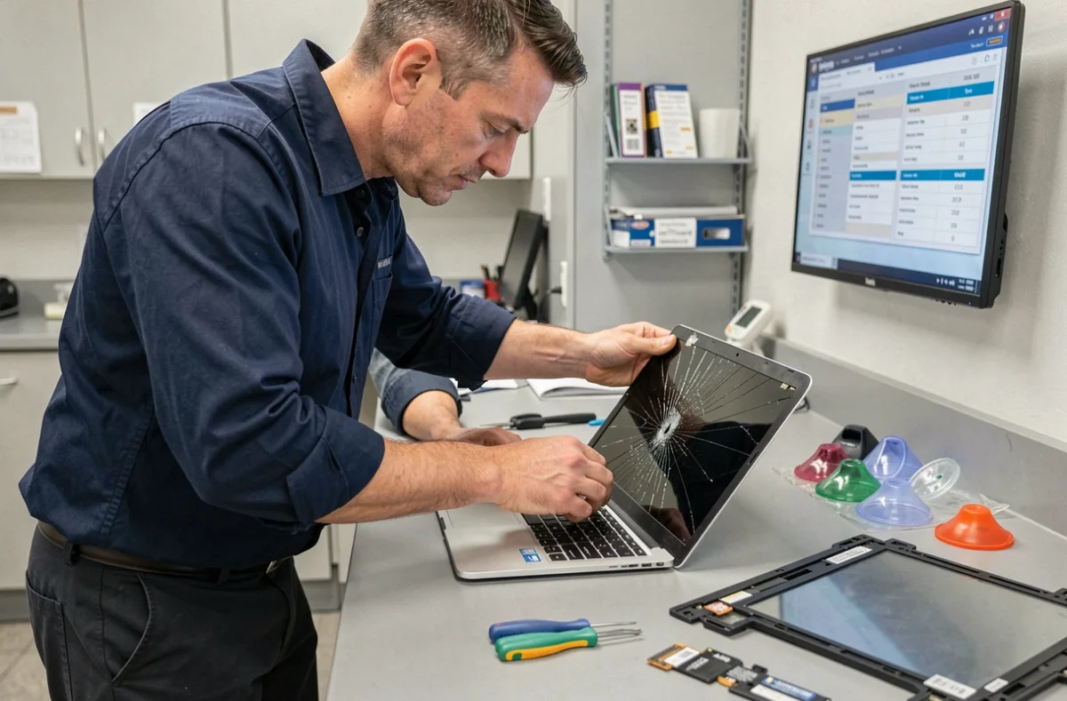 Technicien Tekfix remplaçant l'écran cassé d'un ordinateur portable dans son atelier