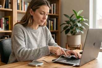 Femme connectant un lecteur MP3 à un ordinateur portable via câble USB pour télécharger de la musique sans logiciel