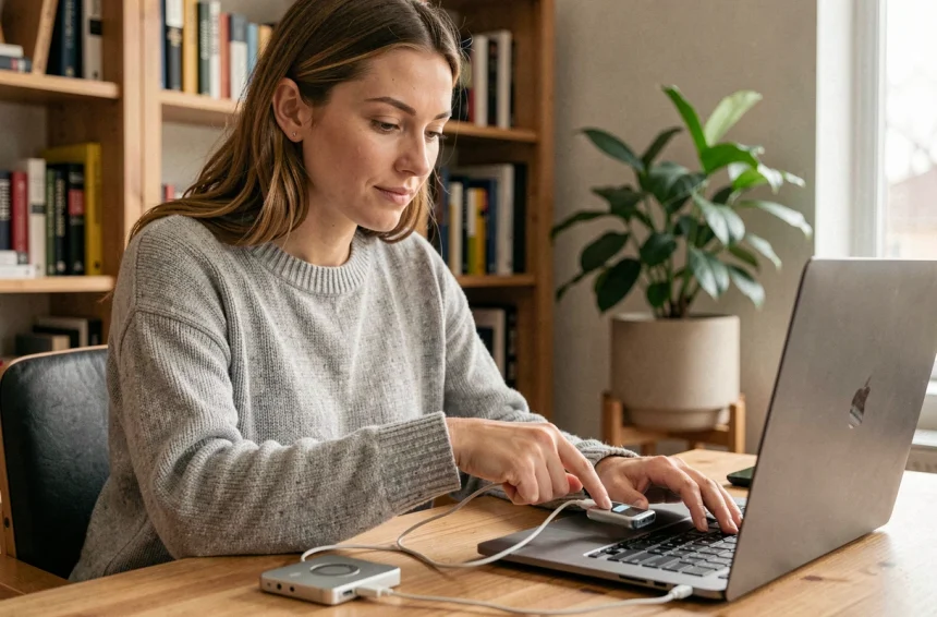 Femme connectant un lecteur MP3 à un ordinateur portable via câble USB pour télécharger de la musique sans logiciel