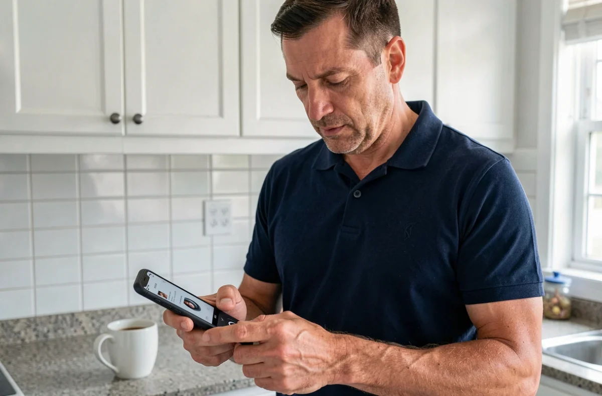 Homme utilisant un smartphone pour transférer de la musique sur un lecteur MP3 sans logiciel compliqué