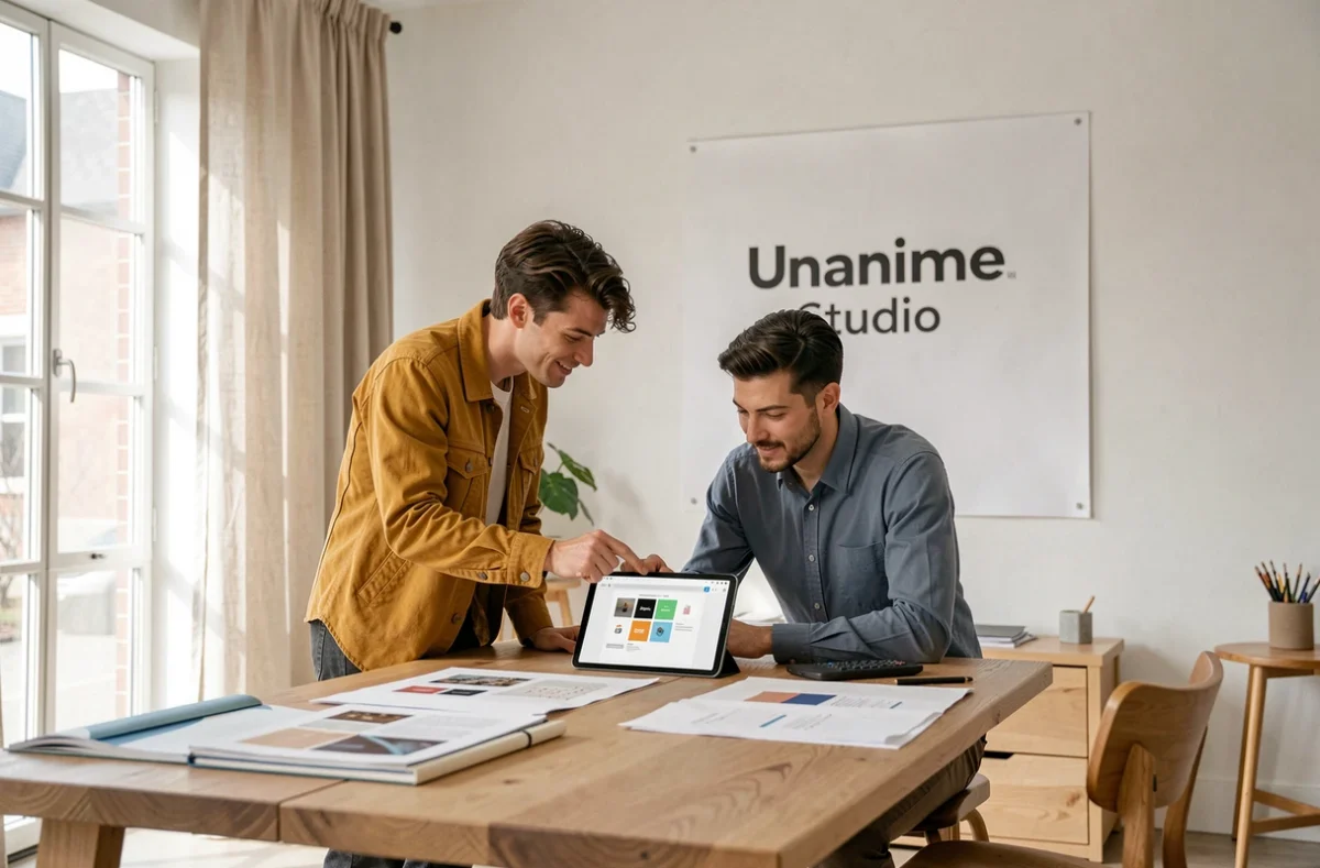 Deux créatifs d'Unaniime Studio collaborant sur un projet Shopify dans un studio lumineux et minimaliste