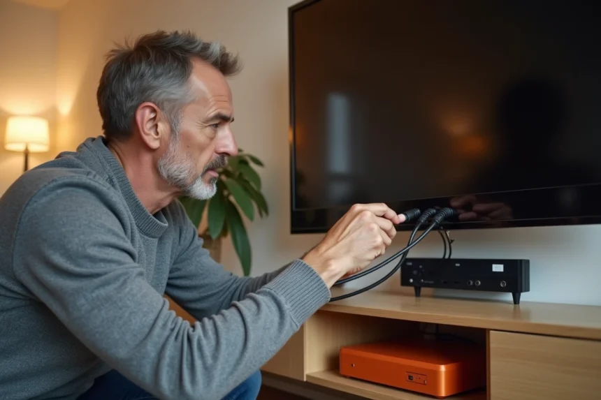 Homme vérifiant les connexions réseau derrière une TV Orange dans un salon contemporain