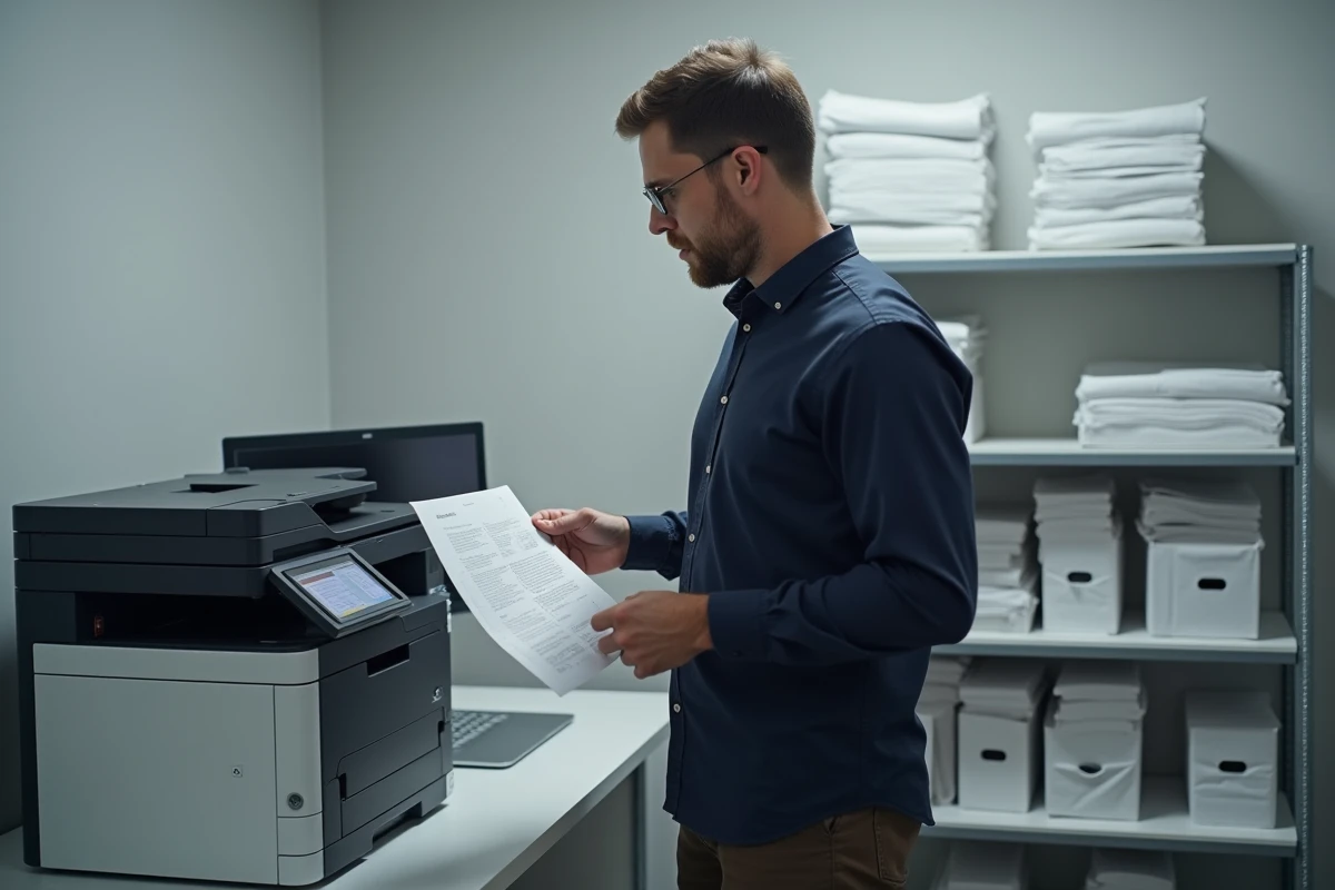Homme comparant un document imprimé à l'aperçu sur un ordinateur portable près d'une imprimante multifonction professionnelle