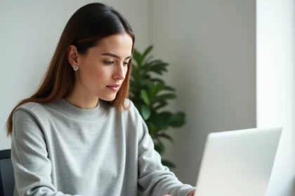 Femme utilisant un MacBook Pro pour vider le cache macOS dans un bureau à domicile minimaliste