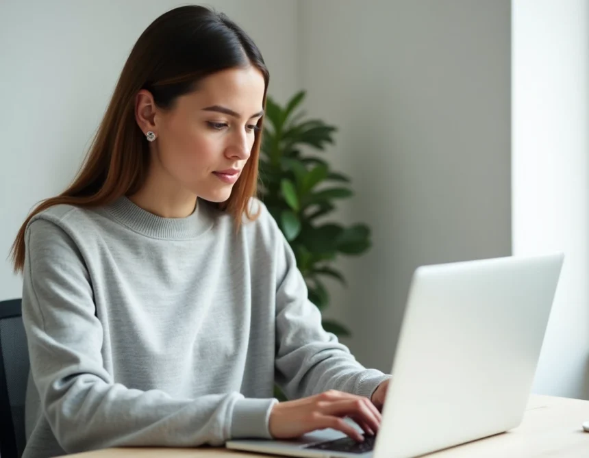 Femme utilisant un MacBook Pro pour vider le cache macOS dans un bureau à domicile minimaliste