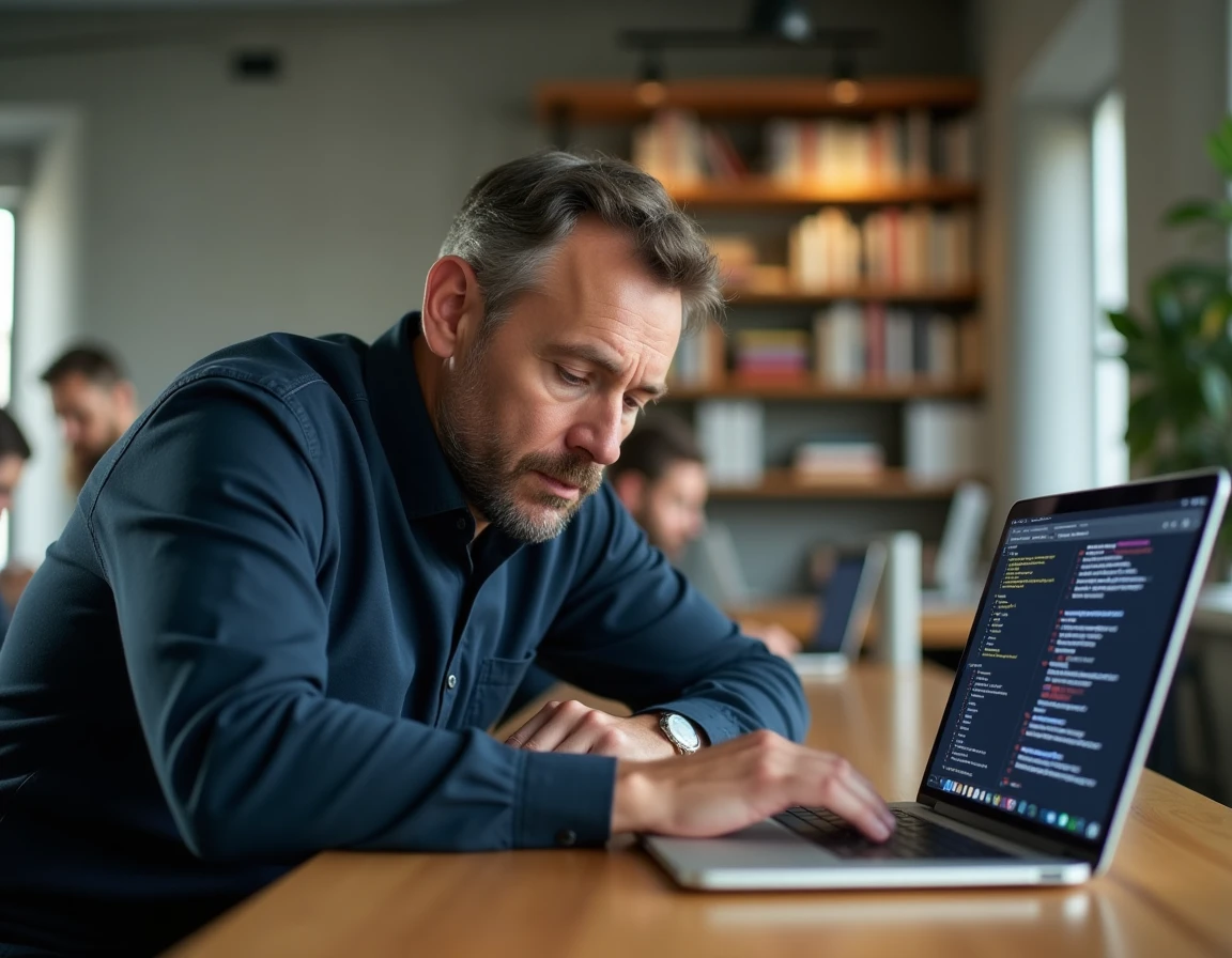 Homme utilisant le Terminal macOS pour vider le cache système sur un MacBook Air dans un espace de coworking