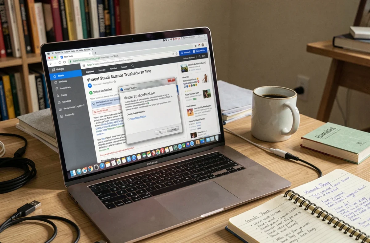 Écran d'ordinateur affichant une erreur du logiciel Virtual StudioLive avec des notes de débogage manuscrites sur un bureau encombré