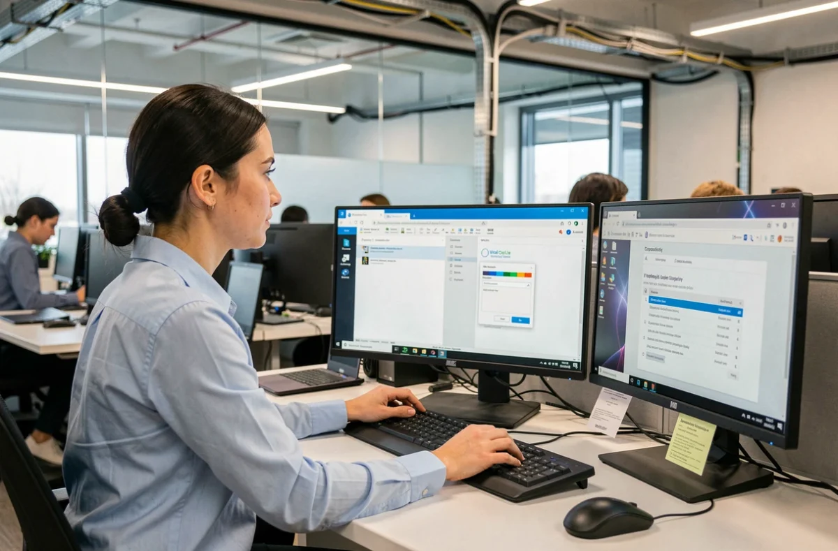 Femme installant le logiciel Virtual StudioLive sur un PC Windows avec double écran dans un bureau professionnel