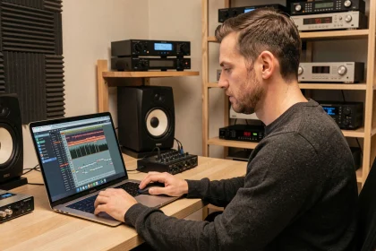 Homme utilisant Virtual StudioLive sur MacBook Pro dans un home studio avec interface audio USB et moniteurs de studio