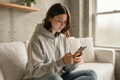 Jeune femme consultant des stories Instagram sur son smartphone dans un appartement moderne, illustrant la question de l'anonymat des vues sur les réseaux sociaux