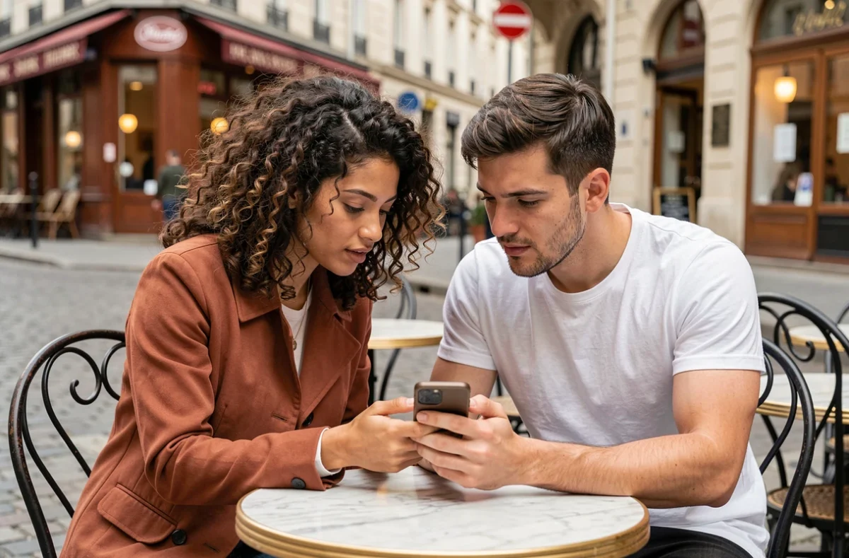 Deux amis consultant ensemble des stories Instagram sur un smartphone en terrasse de café, évoquant le débat sur la possibilité de voir une story sans apparaître dans la liste des vus