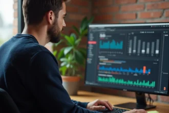 Webmaster indépendant travaillant sur l'optimisation SEO d'un site web depuis son bureau à domicile