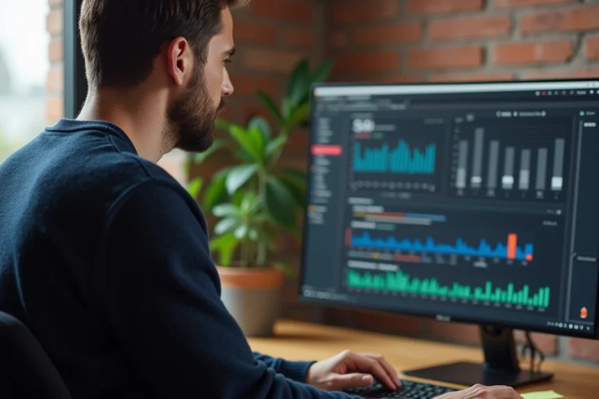 Webmaster indépendant travaillant sur l'optimisation SEO d'un site web depuis son bureau à domicile